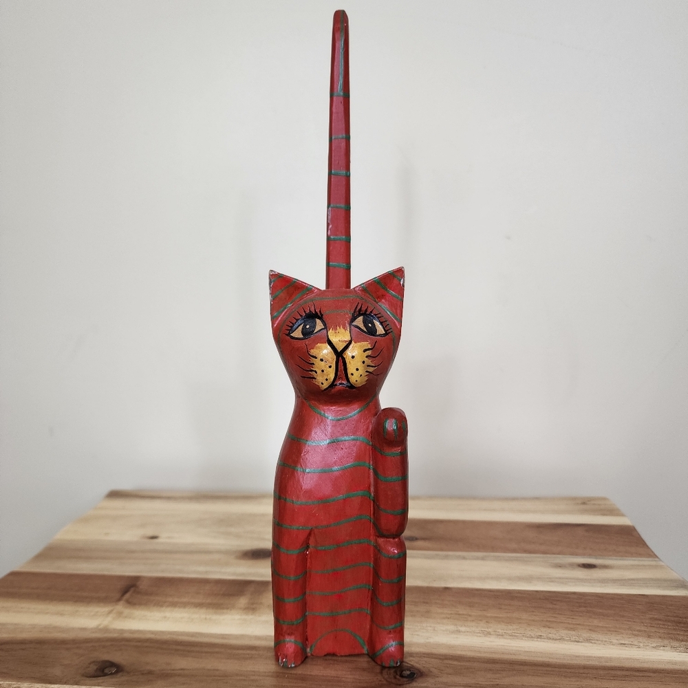 Vintage Folk Art Hand Painted Long Tail Wooden Striped Cat Statue MCM